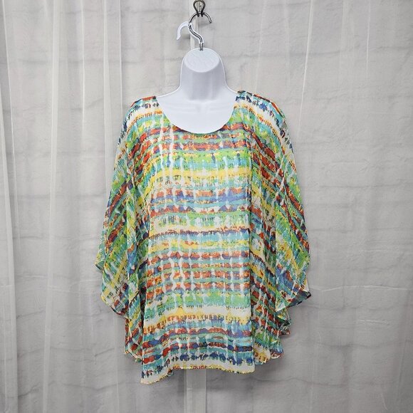 Signature Collection Green Blue Tie Dye Cape Blouse Boho Colorful Festival L - Picture 12 of 12